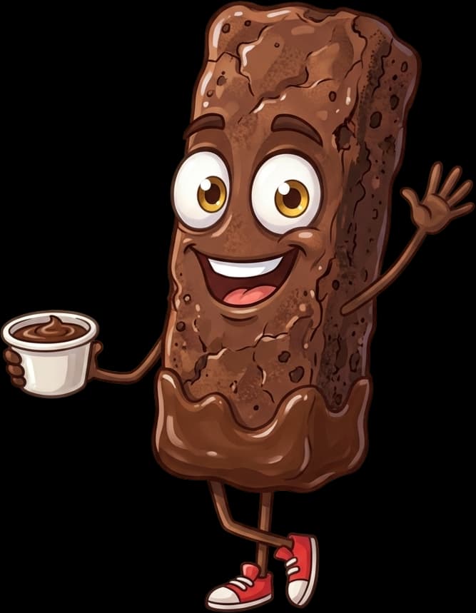 Friendly brownie fries character waving and holding a cup of chocolate dipping sauce