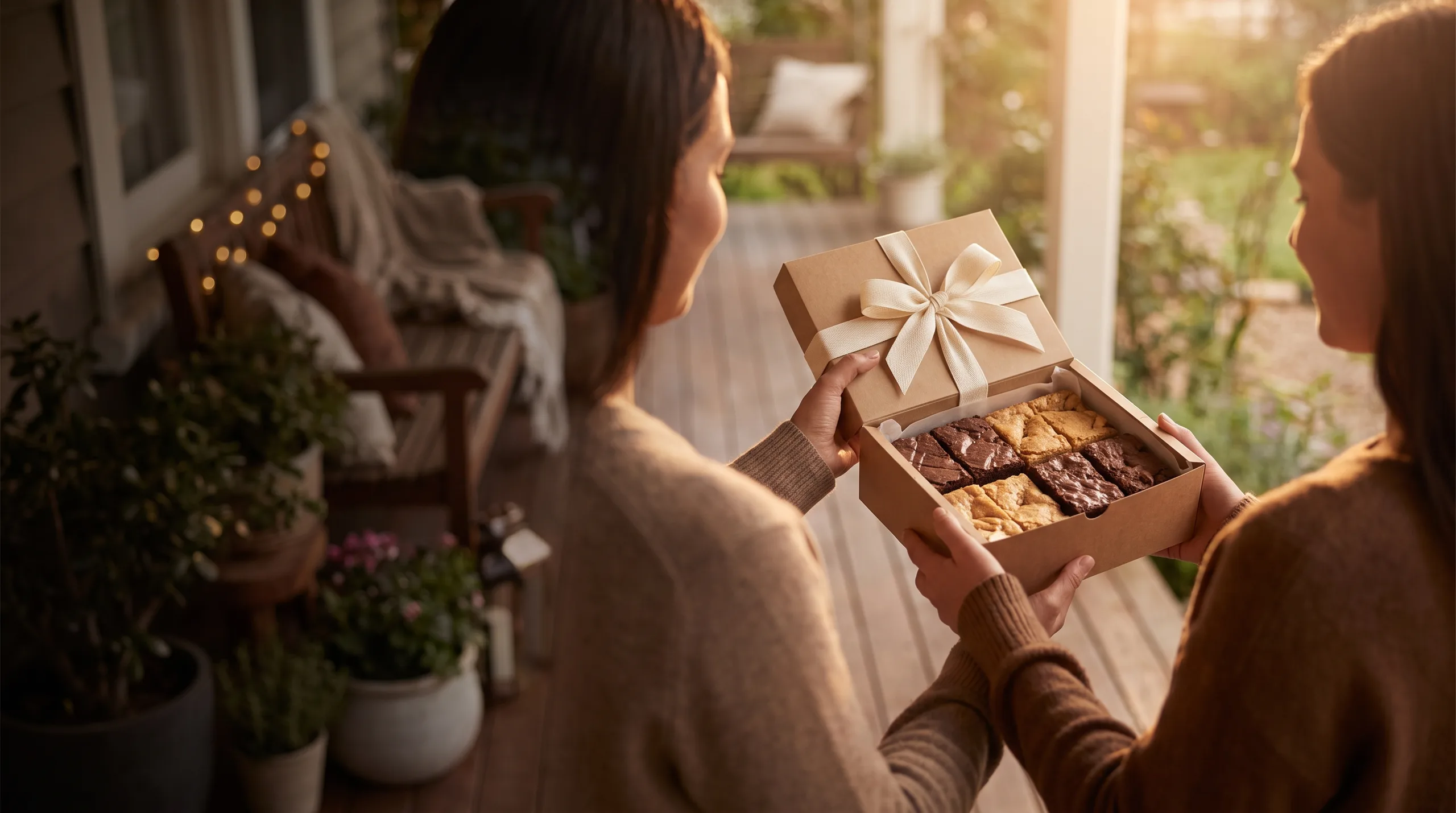 A gift box of fudgy brownies and golden blondies being handed over at a warm doorstep